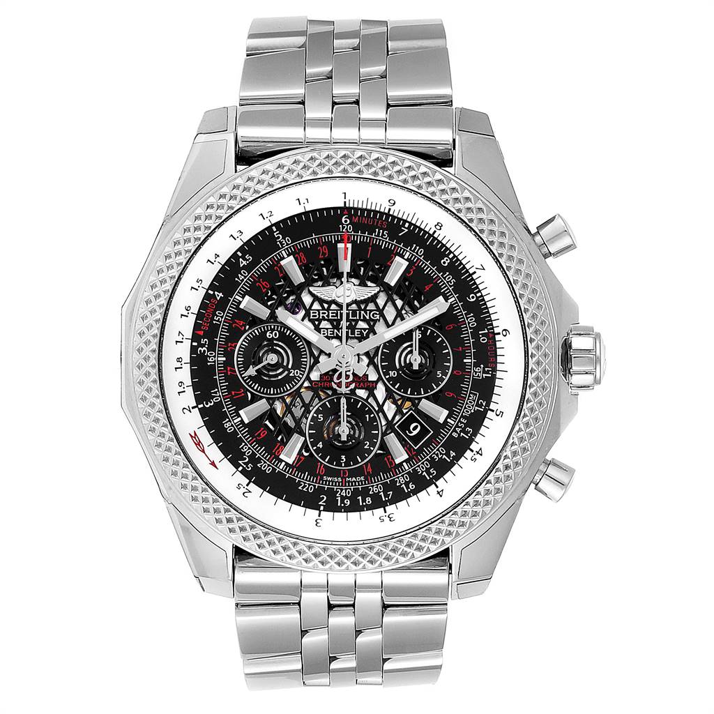 The image shows a front view of a Breitling Bentley AB061112.BD80.990A Men's Stainless Steel Black Dial AB061112.BD80.990A Men's Stainless Steel Black Dial model watch, showcasing its intricate dial and stainless steel bracelet.