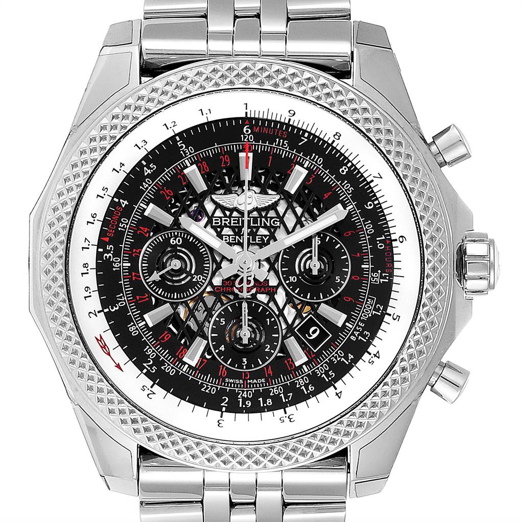 The Breitling Bentley AB061112.BD80.990A Men's Stainless Steel Black Dial AB061112.BD80.990A Men's Stainless Steel Black Dial watch is shown from a front angle, displaying the face, bezel, and part of the bracelet.