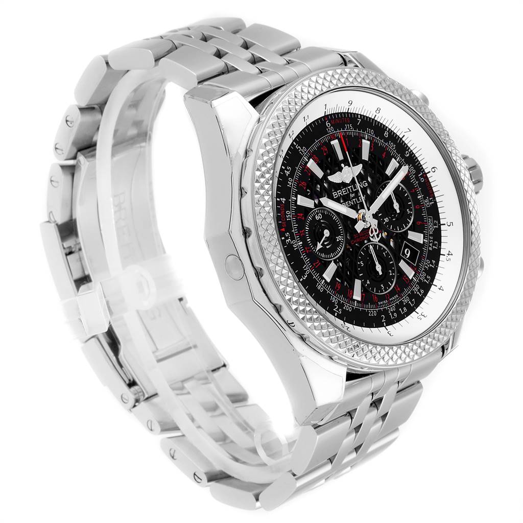 The image shows a side-angle view of the Breitling Bentley AB061112.BD80.990A Men's Stainless Steel Black Dial AB061112.BD80.990A Men's Stainless Steel Black Dial watch, highlighting the dial, bezel, and metal bracelet.