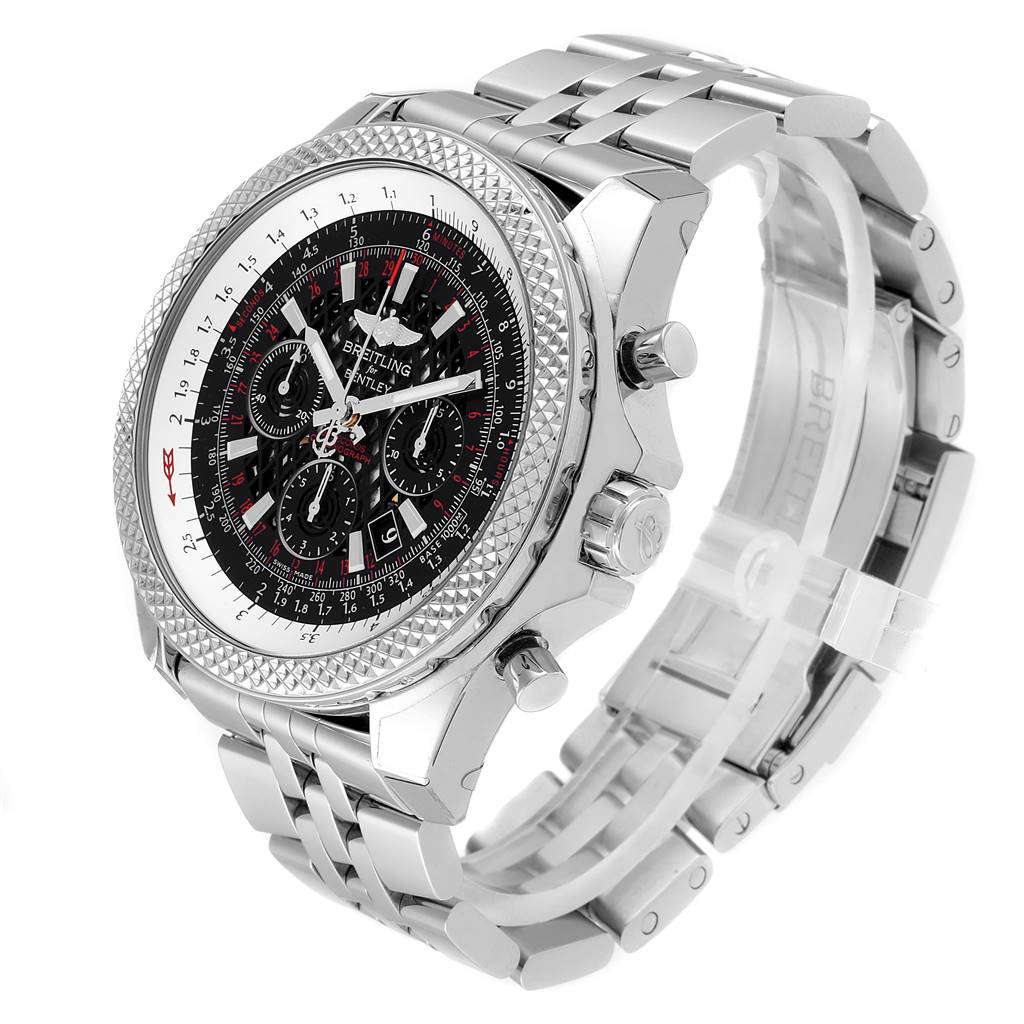 This image shows a Breitling Bentley AB061112.BD80.990A Men's Stainless Steel Black Dial AB061112.BD80.990A Men's Stainless Steel Black Dial model watch from an angled view, highlighting the dial, bezel, and metal bracelet.
