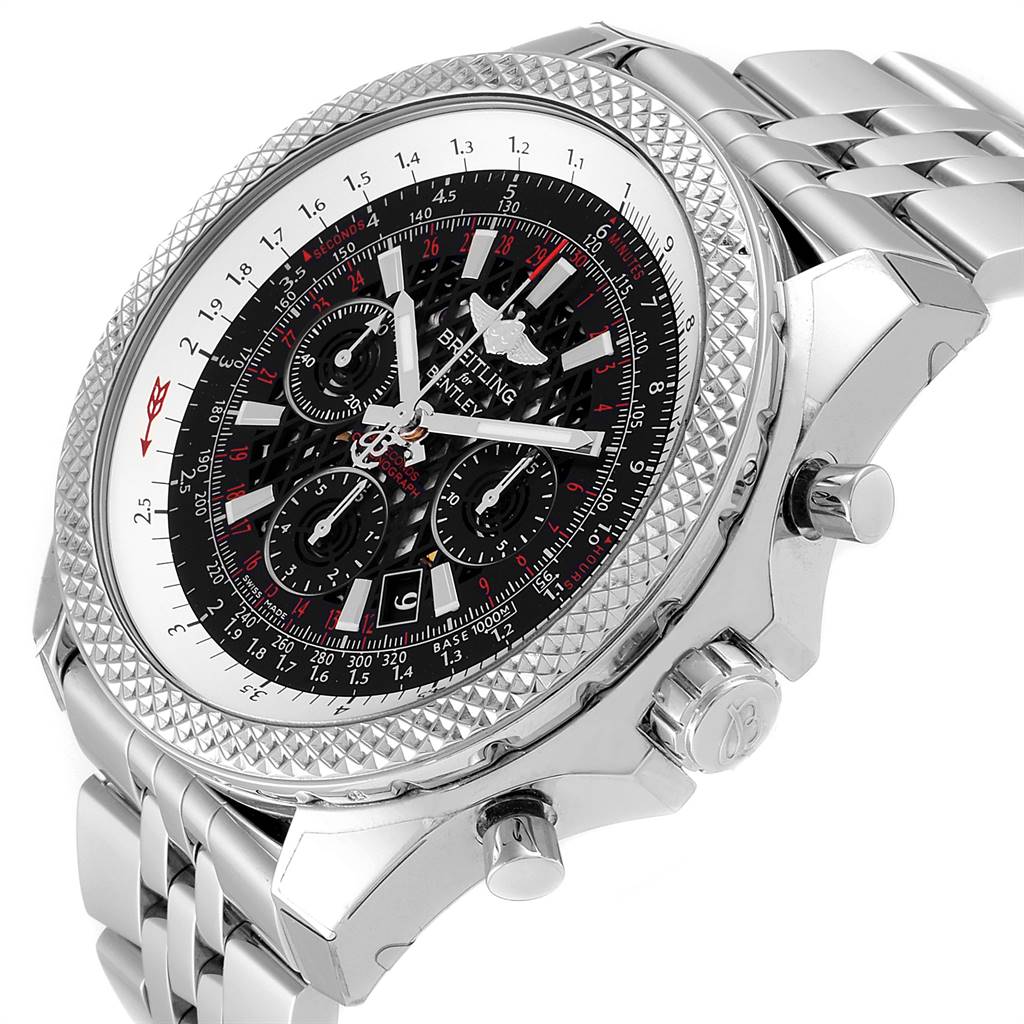 The image shows a Breitling Bentley AB061112.BD80.990A Men's Stainless Steel Black Dial AB061112.BD80.990A Men's Stainless Steel Black Dial watch at an angle highlighting its face, bezel, pushers, and metal bracelet.