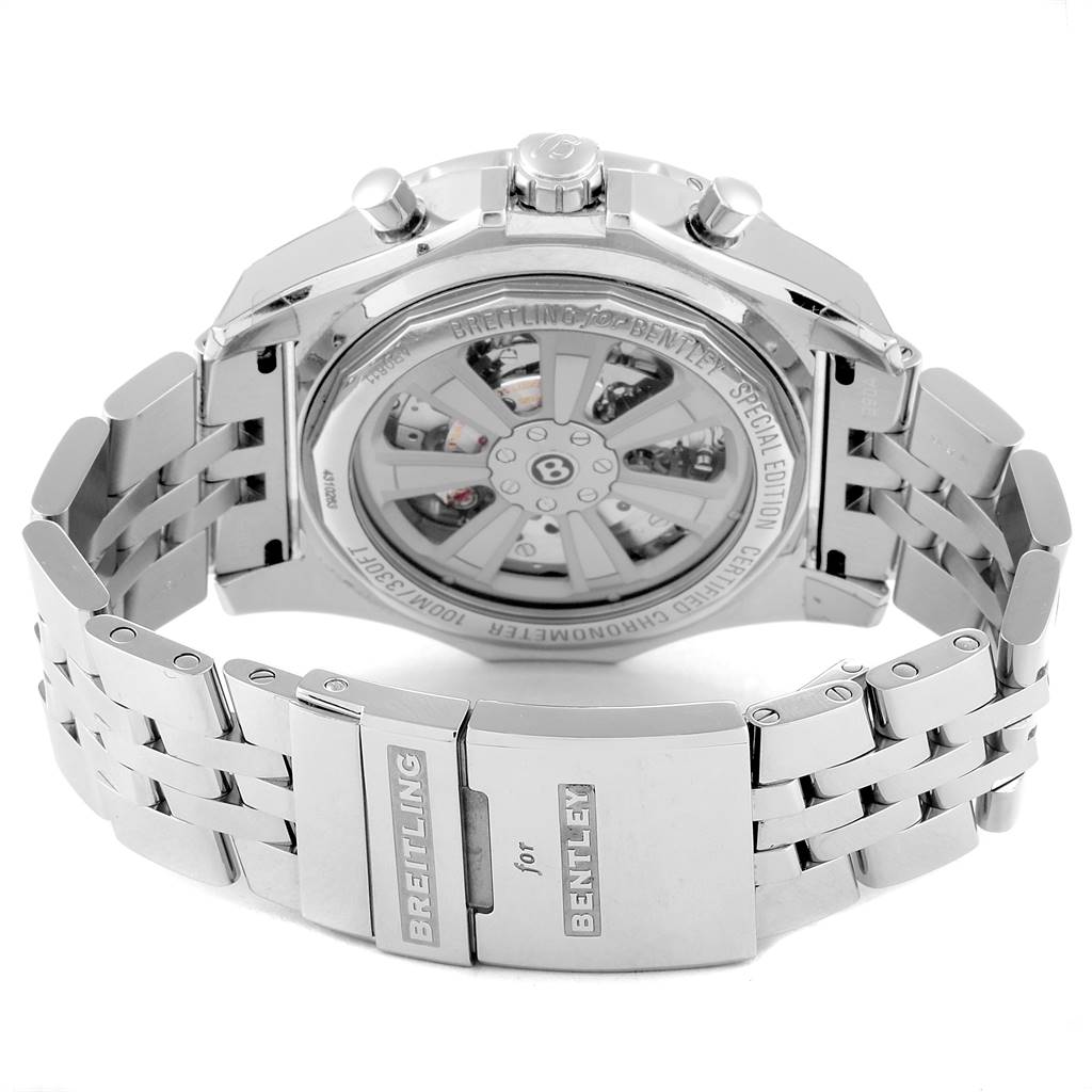 The image shows the back, clasp, and part of the bracelet of a Breitling Bentley AB061112.BD80.990A Men's Stainless Steel Black Dial AB061112.BD80.990A Men's Stainless Steel Black Dial model watch.