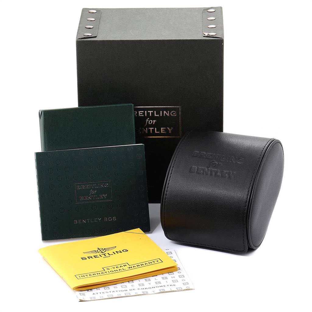 The image shows the packaging, warranty booklet, manual, and carrying case for the Breitling Bentley AB061112.BD80.990A Men's Stainless Steel Black Dial AB061112.BD80.990A Men's Stainless Steel Black Dial model watch.