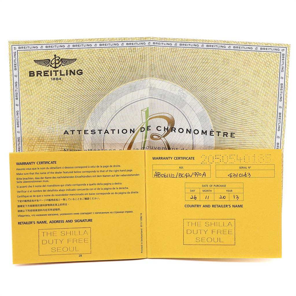 Image shows the warranty certificate and chronometer attestation for a Bentley model by Breitling.