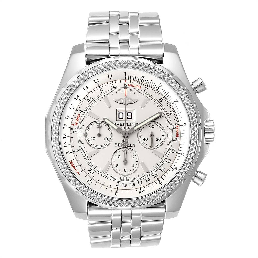 The Bentley model by Breitling is shown from the front, highlighting the dial, bezel, and metal bracelet.