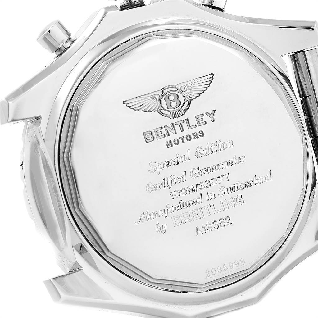 The image shows the back of a Breitling Bentley A13362 Men
s Stainless Steel Green Dial A13362 Men
s Stainless Steel Green Dial model watch with its engraved details.