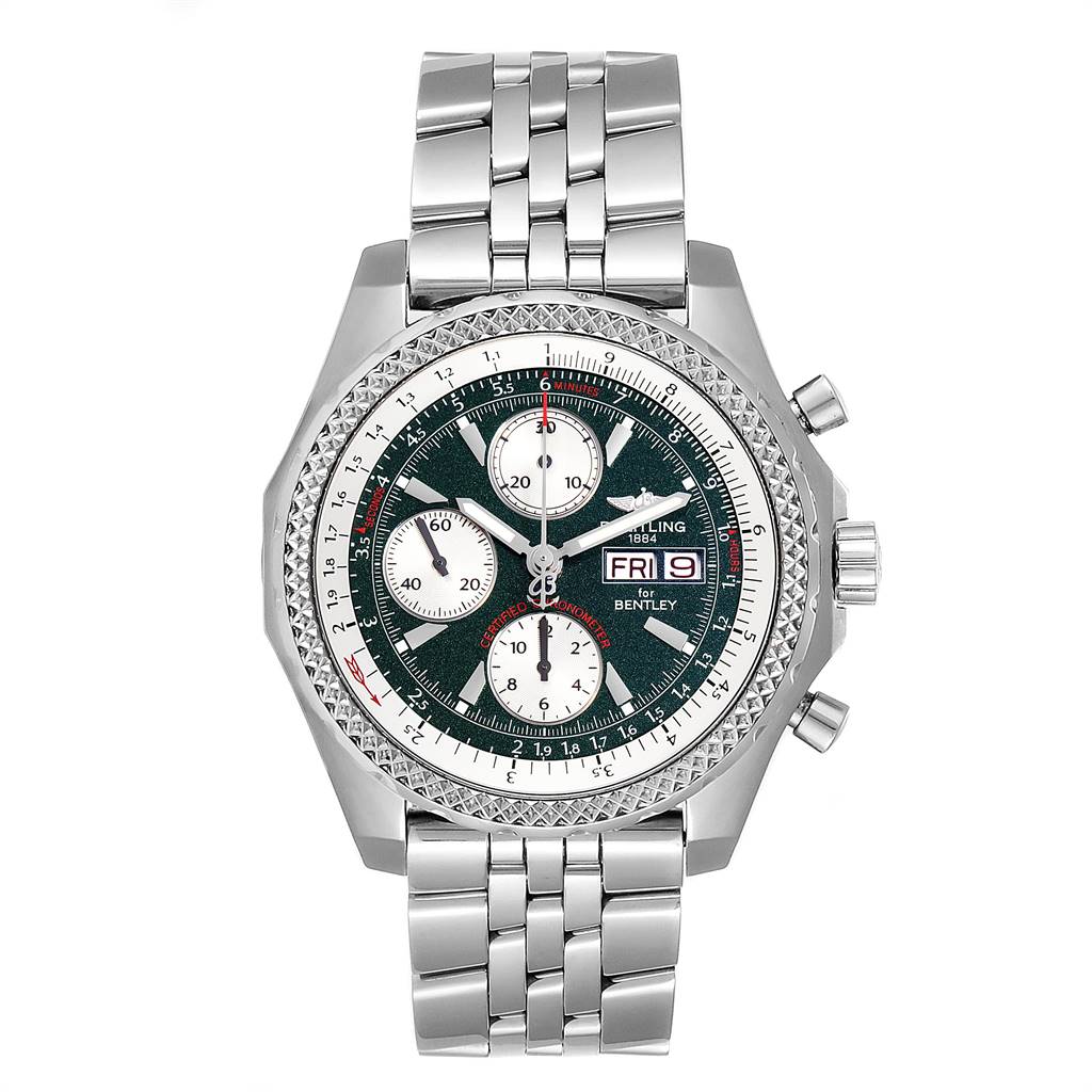 The Breitling Bentley A13362 Men
s Stainless Steel Green Dial A13362 Men
s Stainless Steel Green Dial watch is shown from the front, displaying the dial, bezel, pushers, and metal bracelet.