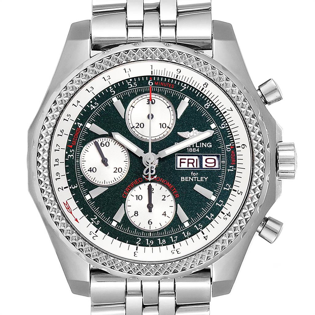 The image shows a front view of a Breitling Bentley A13362 Men
s Stainless Steel Green Dial A13362 Men
s Stainless Steel Green Dial watch, highlighting the dial, bezel, crown, and stainless steel bracelet.