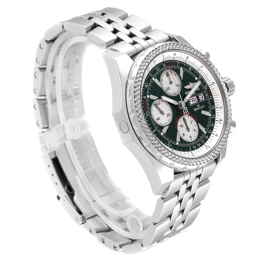 The image shows a side angle of the Bentley watch model by Breitling, highlighting the bracelet, face, and bezel.