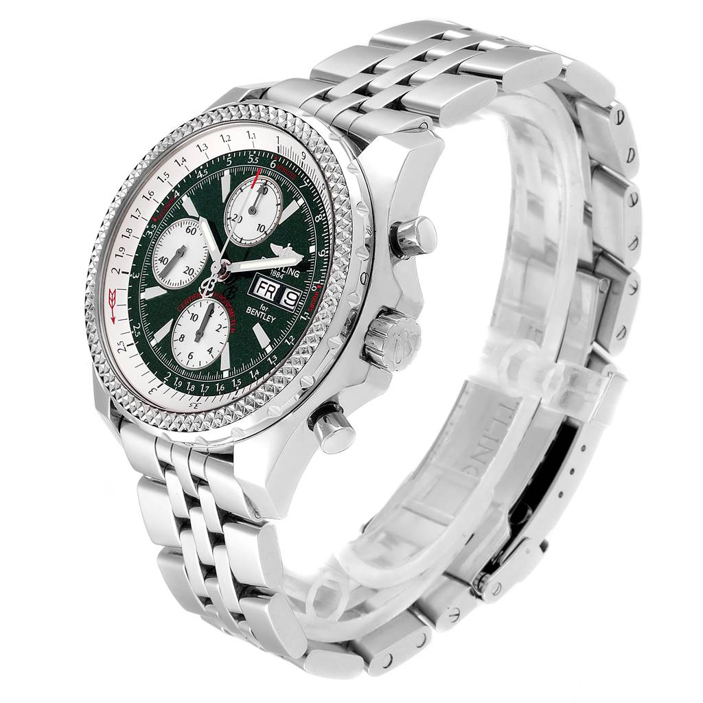 The image shows a side angle of a Bentley model watch by Breitling, highlighting the bezel, dials, and metal bracelet.