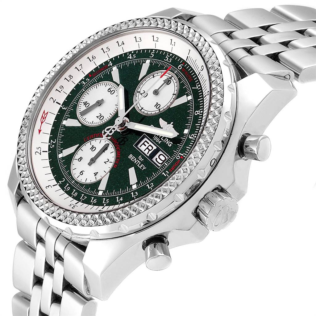 The image shows a close-up view of the Breitling Bentley A13362 Men
s Stainless Steel Green Dial A13362 Men
s Stainless Steel Green Dial model watch, highlighting its dial, bezel, and side controls.