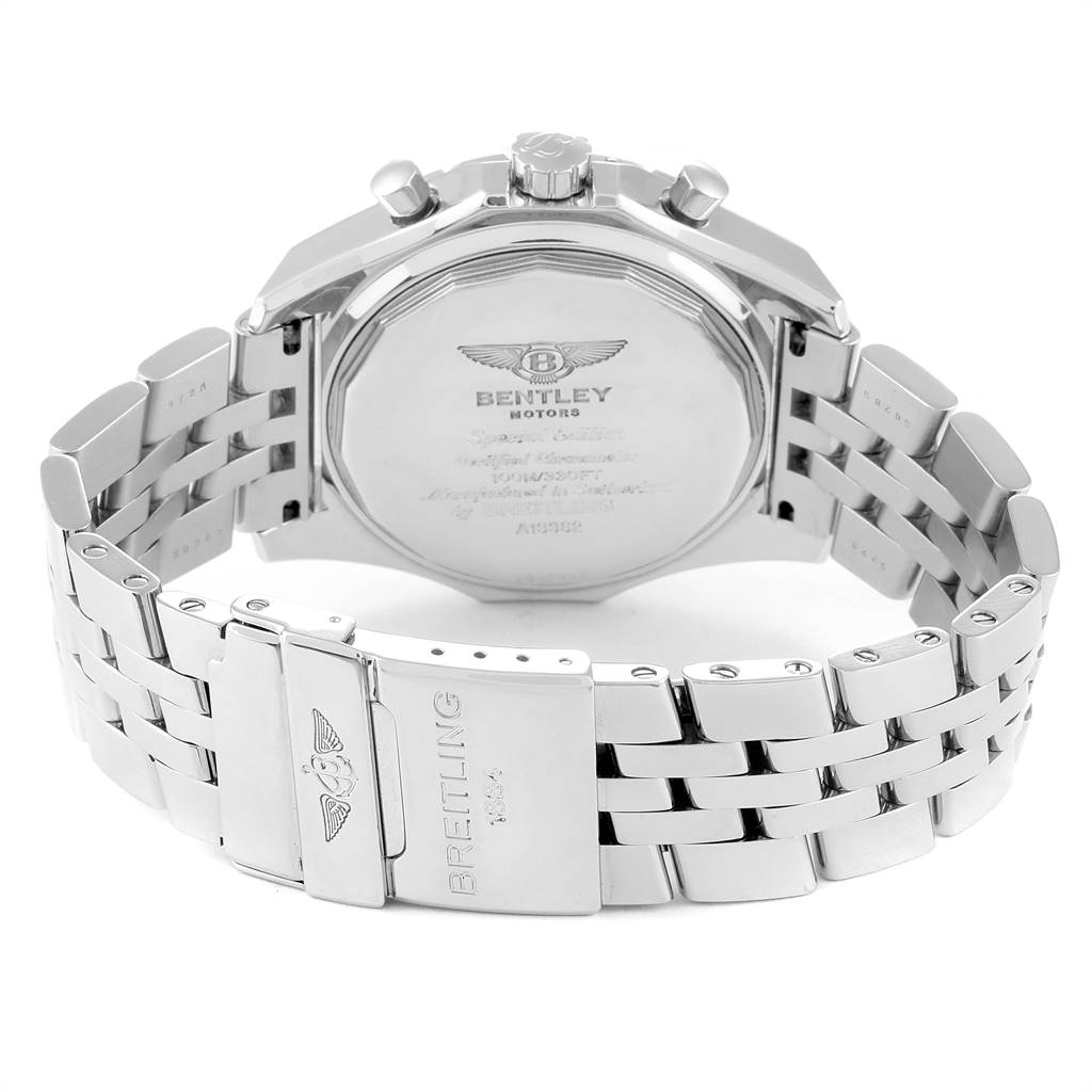 The image shows the backside and metal bracelet of a Bentley model watch by Breitling at an angled view.