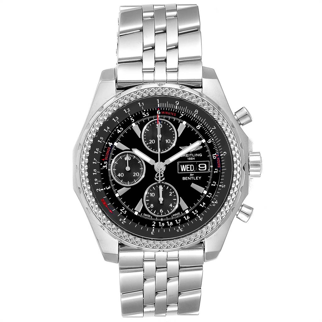 This Breitling Bentley A13362 Men
s Stainless Steel Black Dial A13362 Men
s Stainless Steel Black Dial model watch is shown from the front, displaying its dial, bezel, and metal bracelet.
