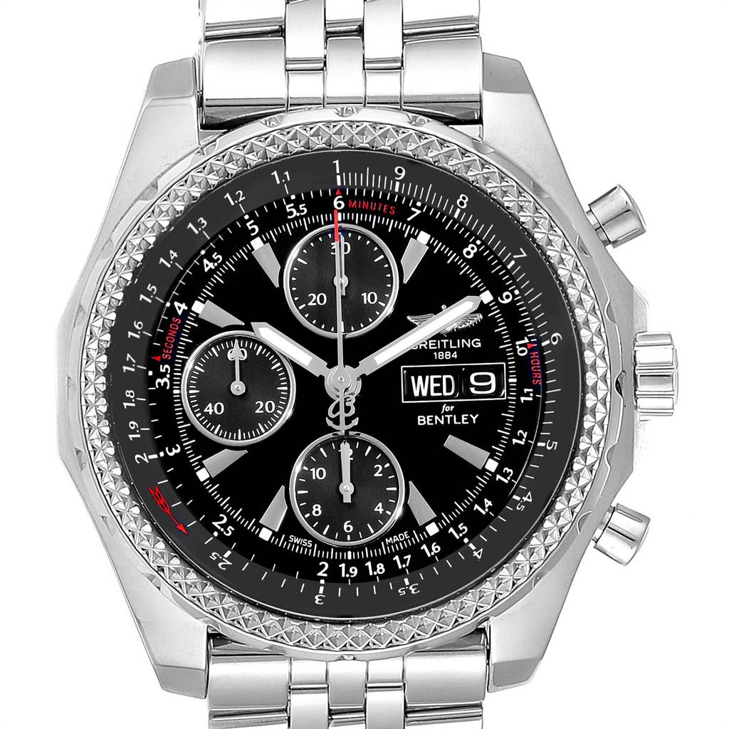 The image shows a frontal view of a Breitling Bentley A13362 Men
s Stainless Steel Black Dial A13362 Men
s Stainless Steel Black Dial watch, highlighting the dial, bezel, chronograph sub-dials, and part of the bracelet.