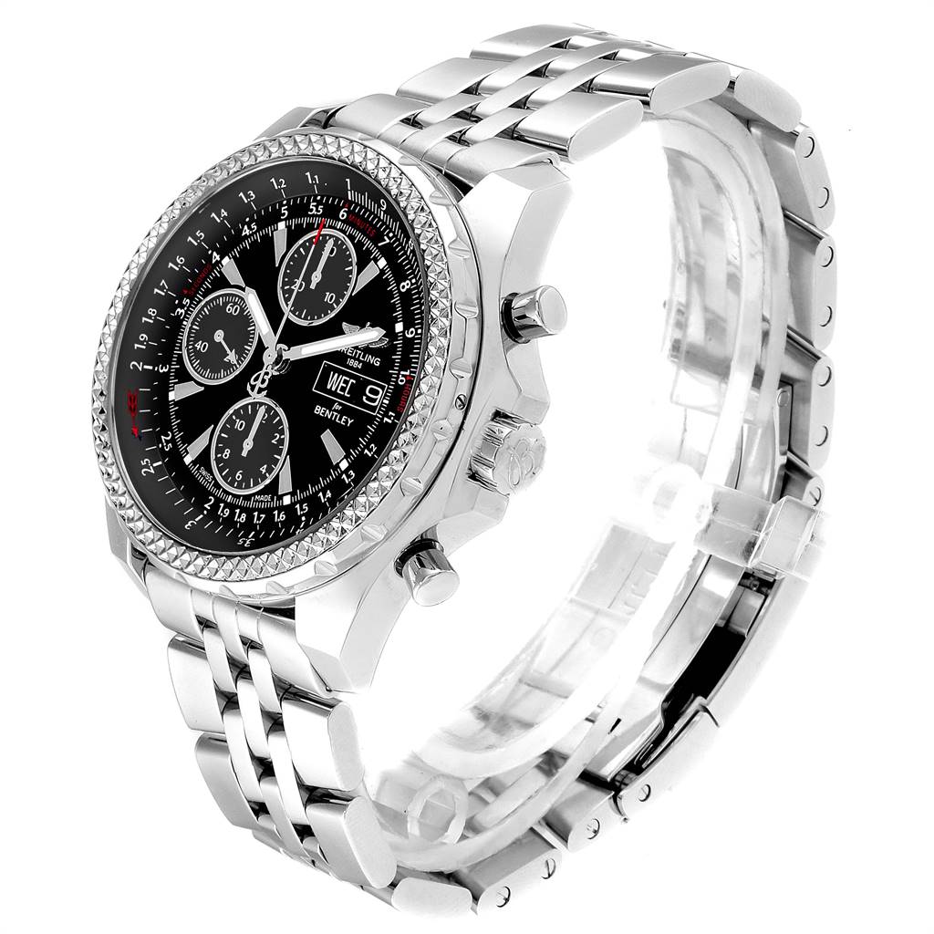 The image shows a Breitling Bentley A13362 Men
s Stainless Steel Black Dial A13362 Men
s Stainless Steel Black Dial watch at a slight angle displaying its face, bezel, crown, and stainless steel bracelet.