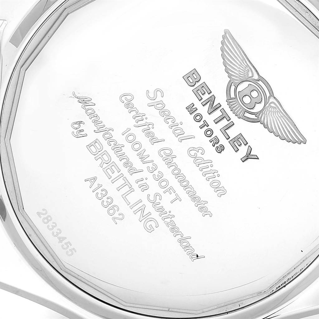 The image shows the back of a Breitling Bentley A13362 Men
s Stainless Steel Black Dial A13362 Men
s Stainless Steel Black Dial model watch, highlighting the inscriptions and branding.