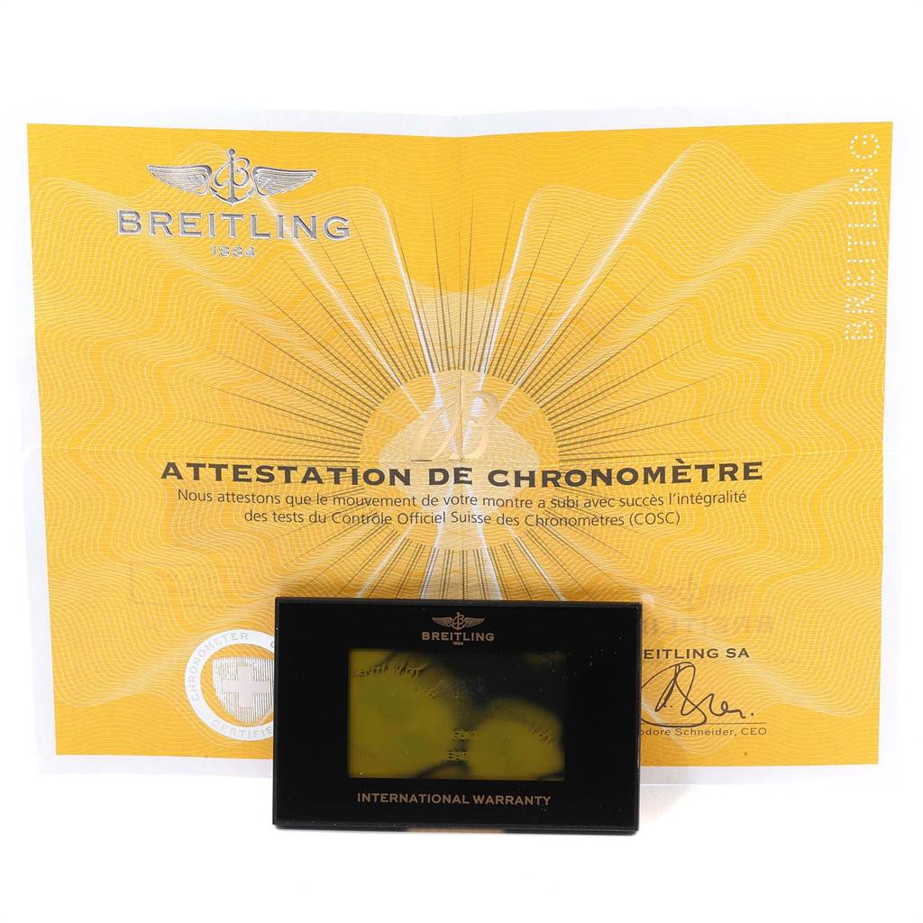 The image shows a Breitling Bentley A13362 Men
s Stainless Steel Black Dial A13362 Men
s Stainless Steel Black Dial model watch
s chronometer certificate and international warranty card.