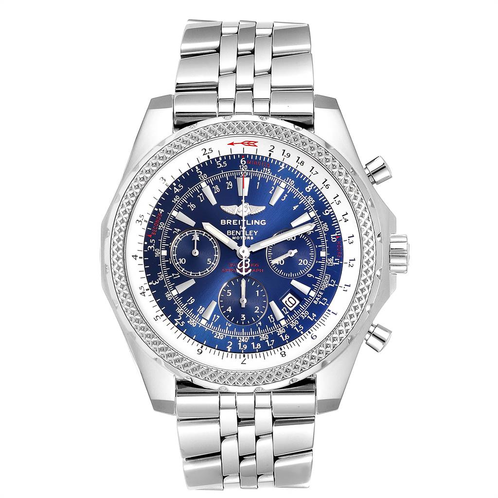 The image shows a front view of a Bentley model watch by Breitling, displaying the dial, bezel, and bracelet.