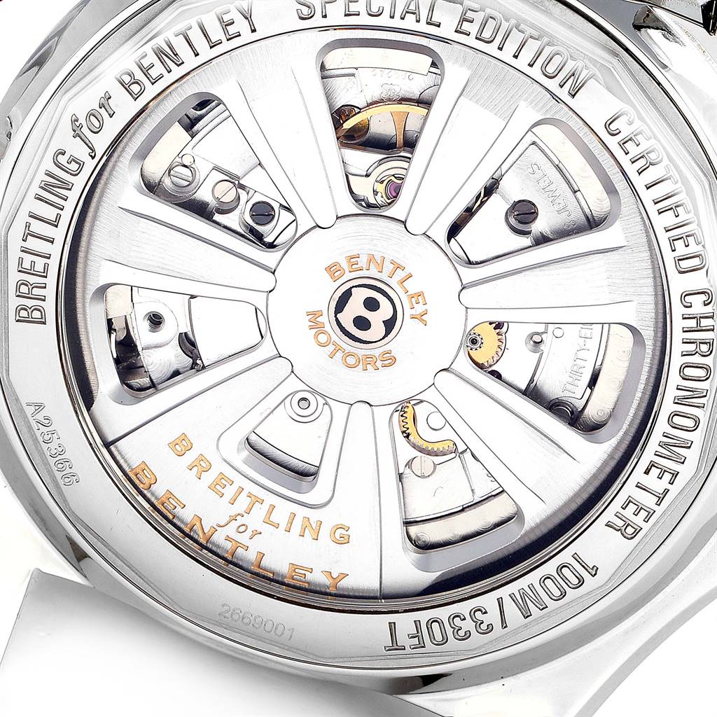 This image shows the back of the Breitling Bentley A25366 Men's Stainless Steel Black Dial A25366 Men's Stainless Steel Black Dial Special Edition watch, highlighting its intricate movement and engravings.