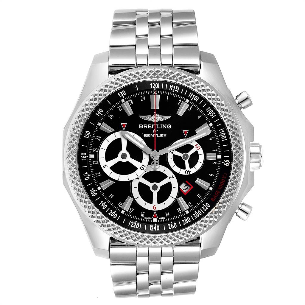 This Breitling Bentley A25366 Men's Stainless Steel Black Dial A25366 Men's Stainless Steel Black Dial watch is shown from a front angle, displaying its face, crown, and pushers.