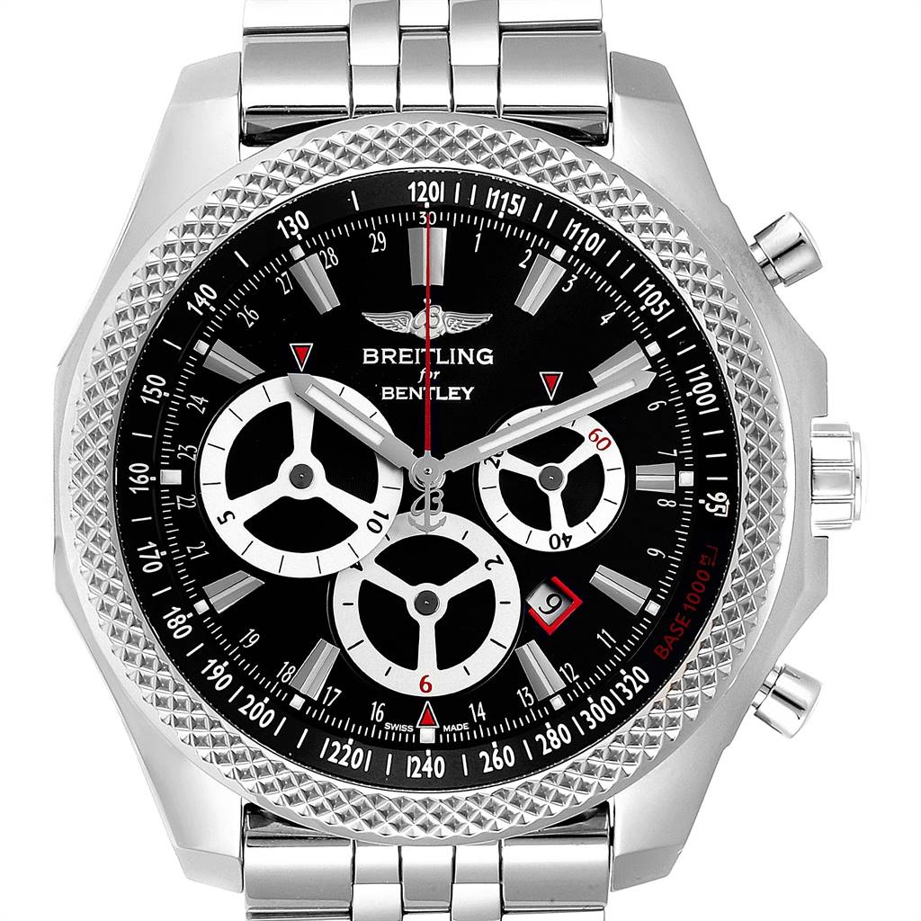 This image shows a front view of the Breitling Bentley A25366 Men's Stainless Steel Black Dial A25366 Men's Stainless Steel Black Dial model watch, highlighting the dial, bezel, pushers, and part of the bracelet.