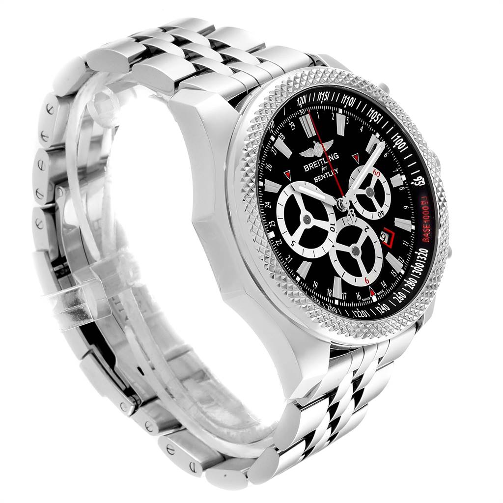 The image shows a side angle view of a Breitling Bentley A25366 Men's Stainless Steel Black Dial A25366 Men's Stainless Steel Black Dial watch, highlighting its metal bracelet, case, and dial.