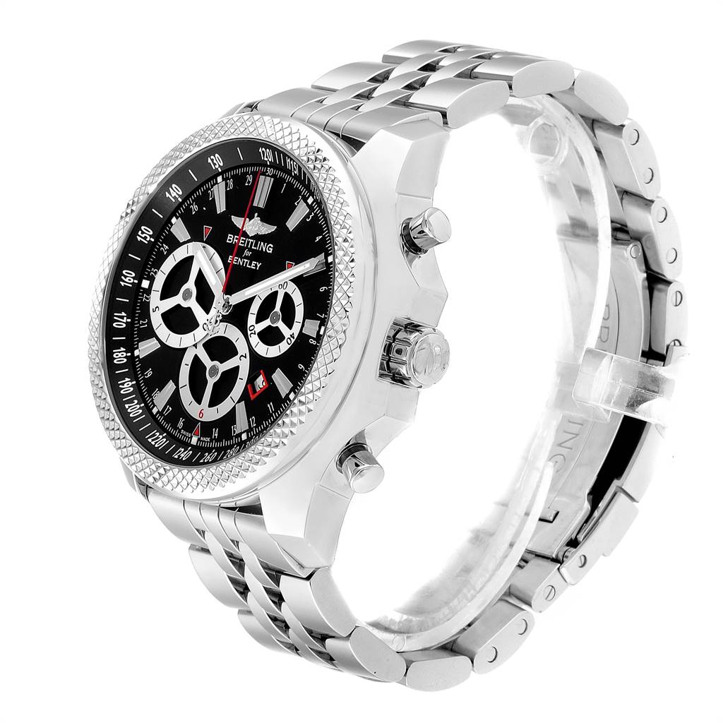 The image shows a Breitling Bentley A25366 Men's Stainless Steel Black Dial A25366 Men's Stainless Steel Black Dial watch at a side angle, capturing the face, bezel, and metal bracelet.