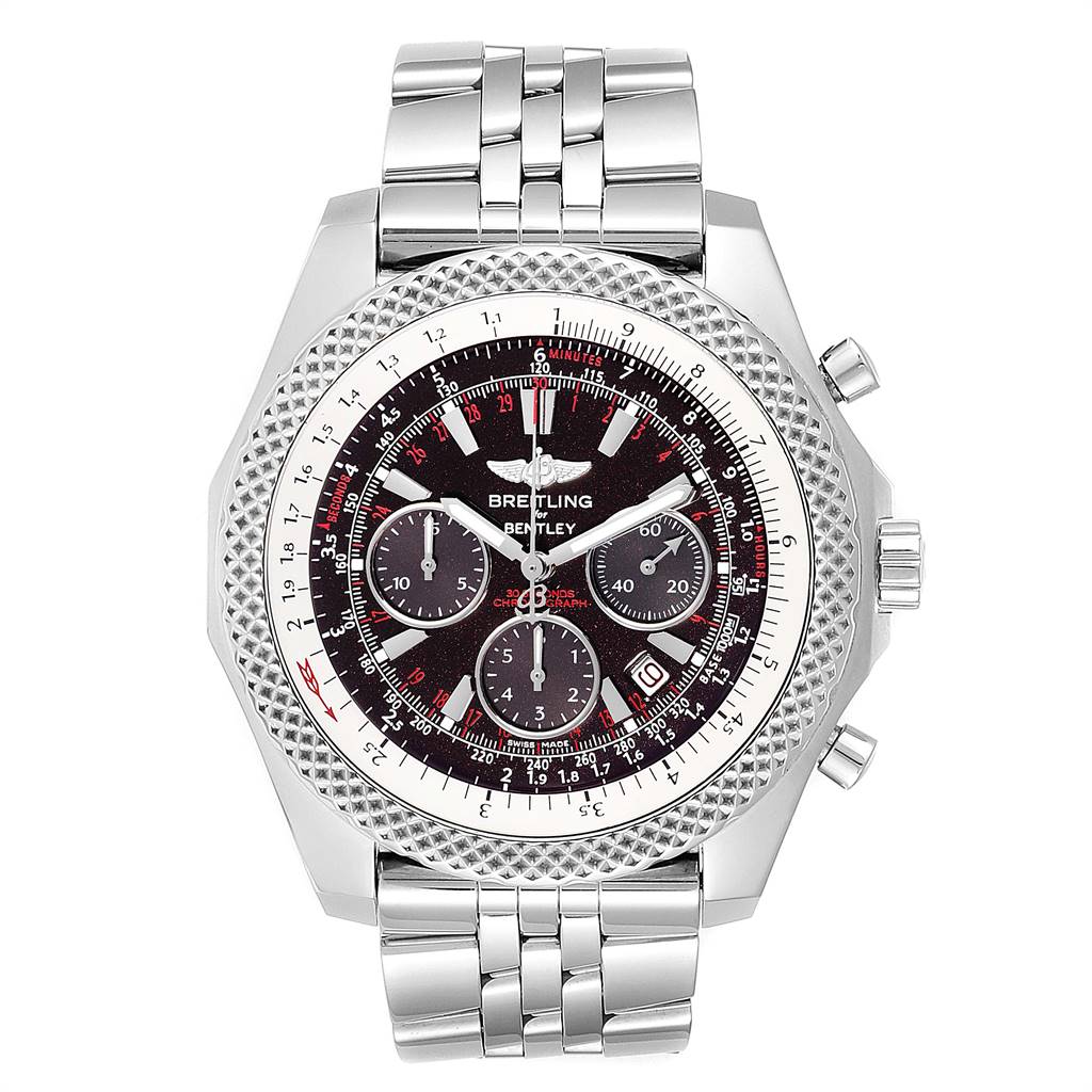 The image shows a front view of a Breitling Bentley A25364 Men's Stainless Steel Black Dial A25364 Men's Stainless Steel Black Dial model watch displaying its face, bezel, and stainless steel bracelet.