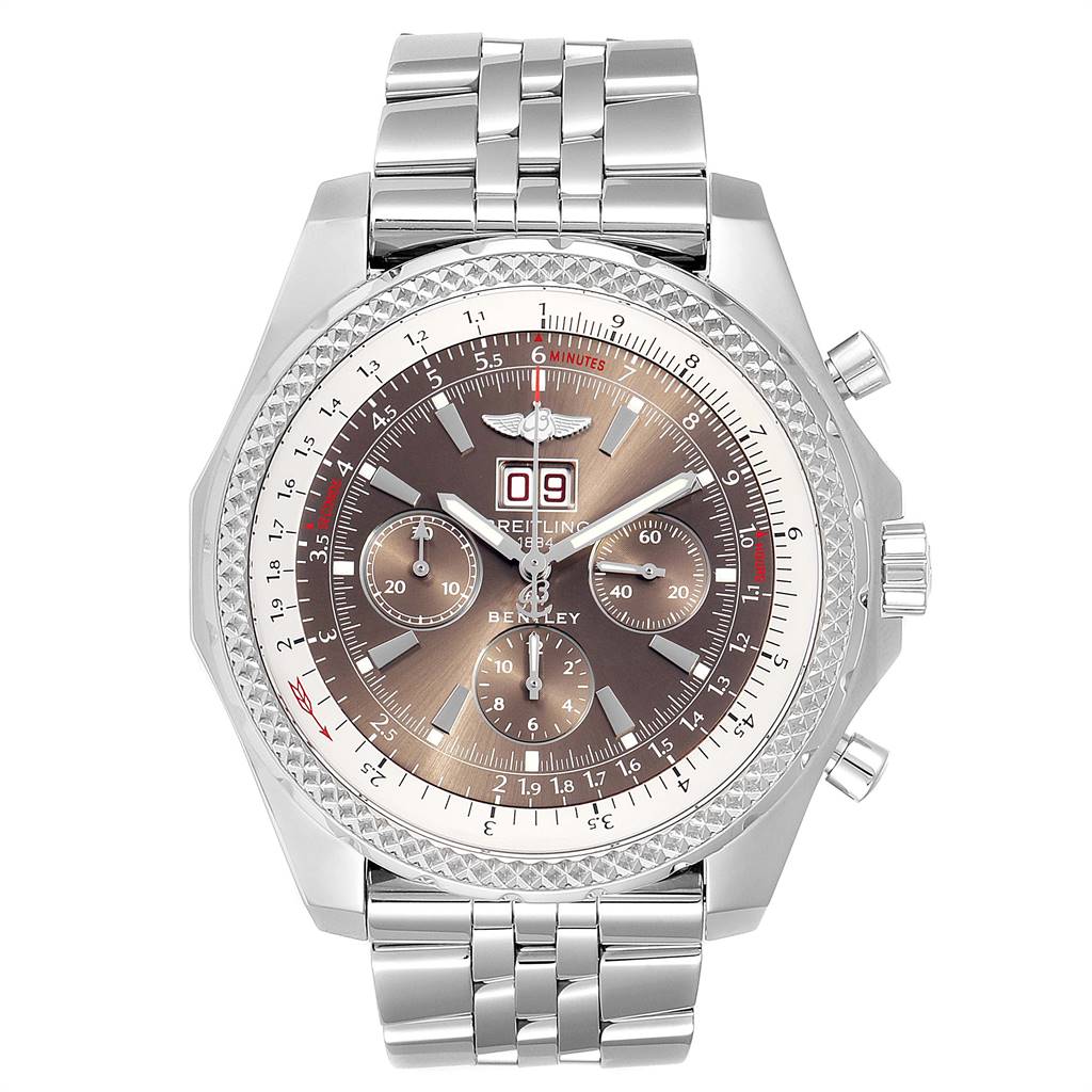 The image shows a front view of a Breitling Bentley A44362 Men's Stainless Steel Brown Dial A44362 Men's Stainless Steel Brown Dial model watch, highlighting its face, dial, bezel, and metallic strap.