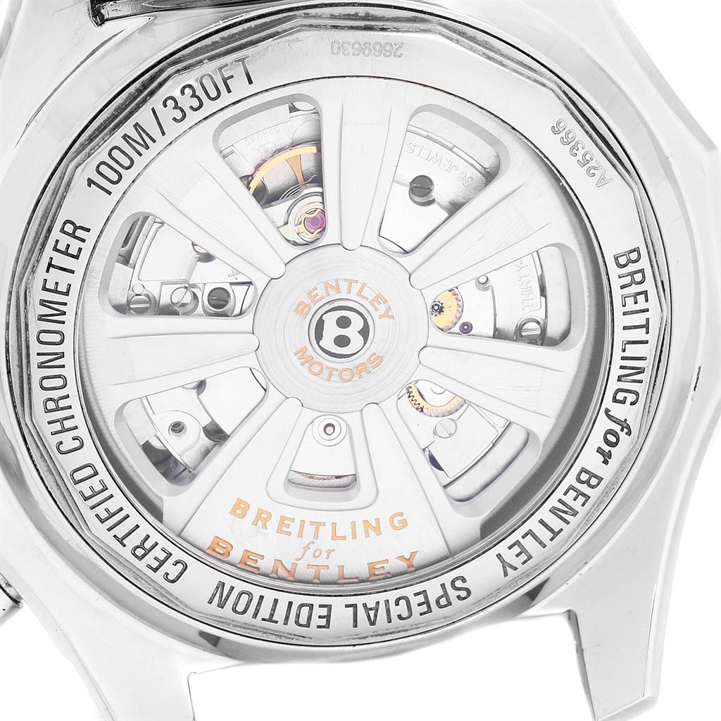 The image shows the back view of a Breitling Bentley A25366 Men
s Stainless Steel Black Dial A25366 Men
s Stainless Steel Black Dial watch, highlighting the rotor and inner mechanical parts.