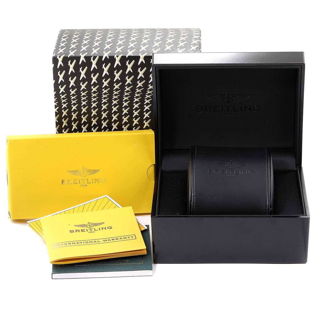 The image shows the box, case, and warranty papers for a Bentley model watch by Breitling.