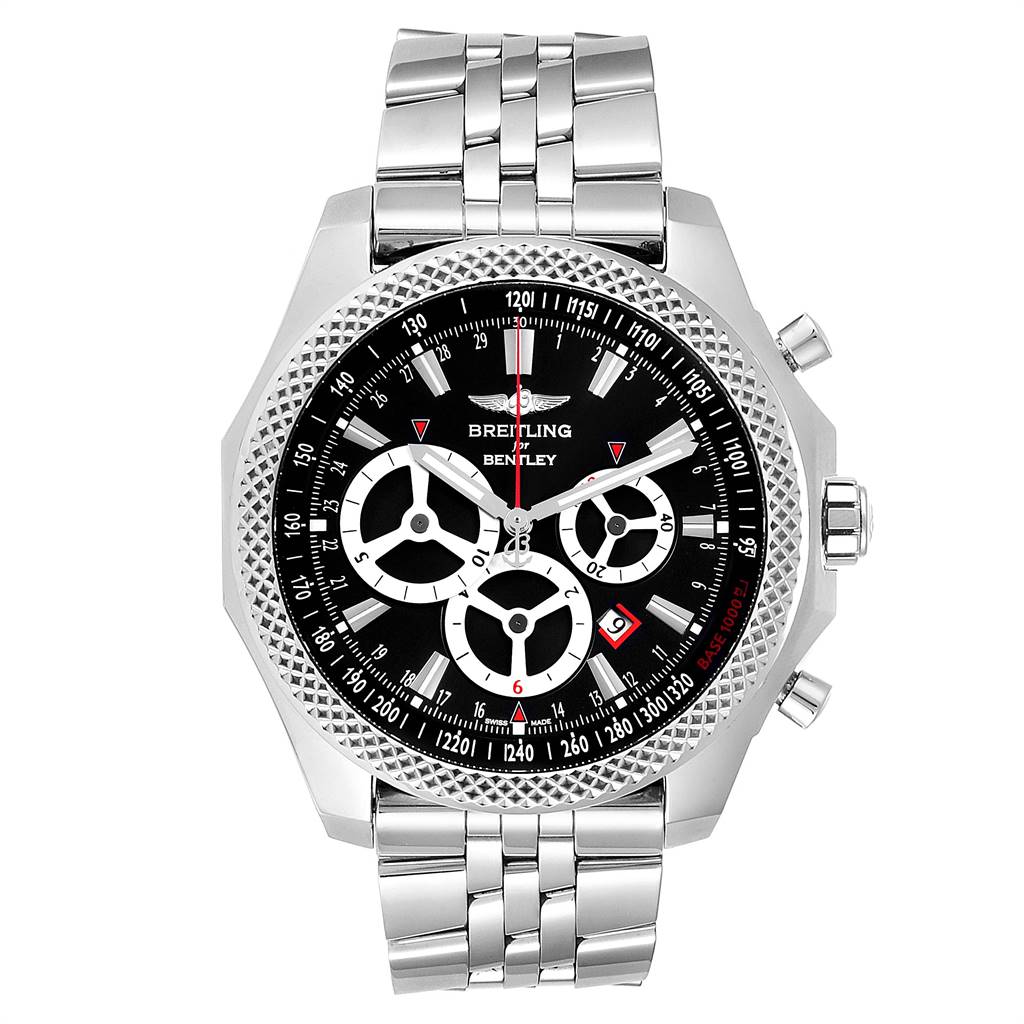 The image shows a front view of a Breitling Bentley A25366 Men
s Stainless Steel Black Dial A25366 Men
s Stainless Steel Black Dial watch, displaying its dial, bezel, crown, and metal bracelet.