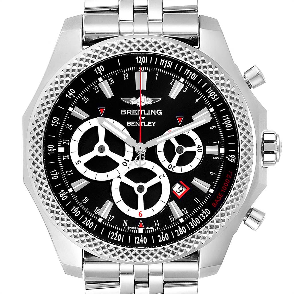 The image shows a front view of a Breitling Bentley A25366 Men
s Stainless Steel Black Dial A25366 Men
s Stainless Steel Black Dial model watch, highlighting the face, bezel, and part of the bracelet.