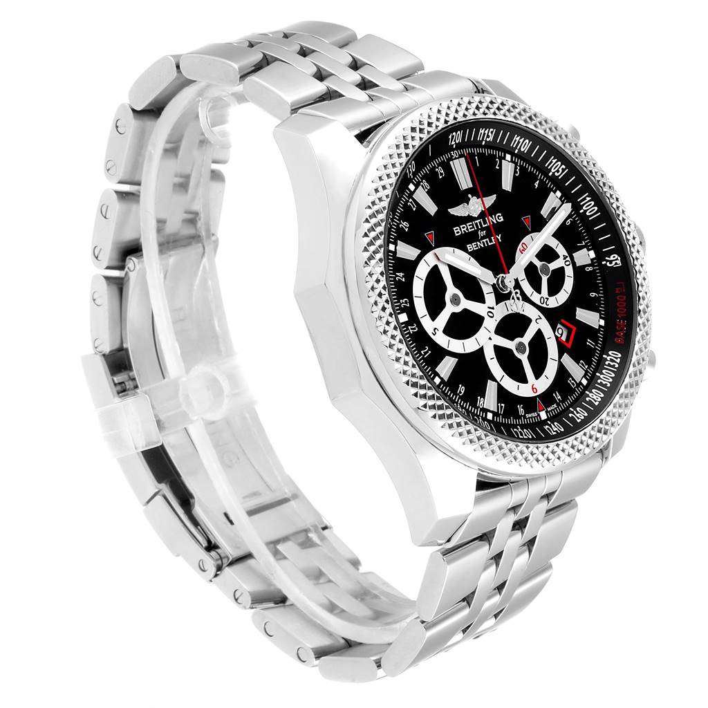 The Breitling Bentley A25366 Men
s Stainless Steel Black Dial A25366 Men
s Stainless Steel Black Dial model watch is shown at a side angle, displaying its metal strap, dial, and textured bezel.