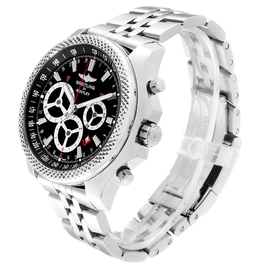 This image shows the front and side angle of a Breitling Bentley A25366 Men
s Stainless Steel Black Dial A25366 Men
s Stainless Steel Black Dial watch, featuring its dial, bezel, and bracelet.