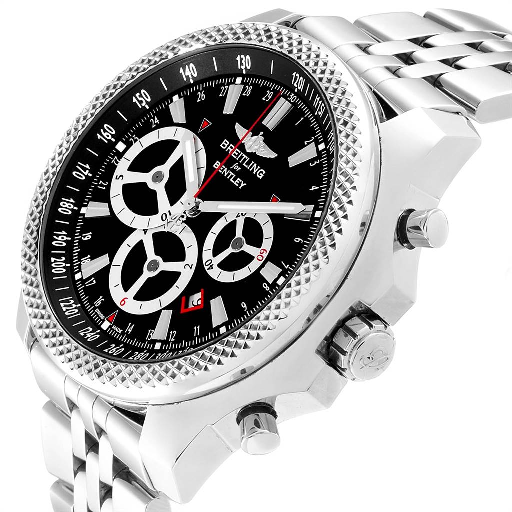 The image shows a side angle of the Breitling Bentley A25366 Men
s Stainless Steel Black Dial A25366 Men
s Stainless Steel Black Dial watch, highlighting the face, bezel, pushers, and bracelet.