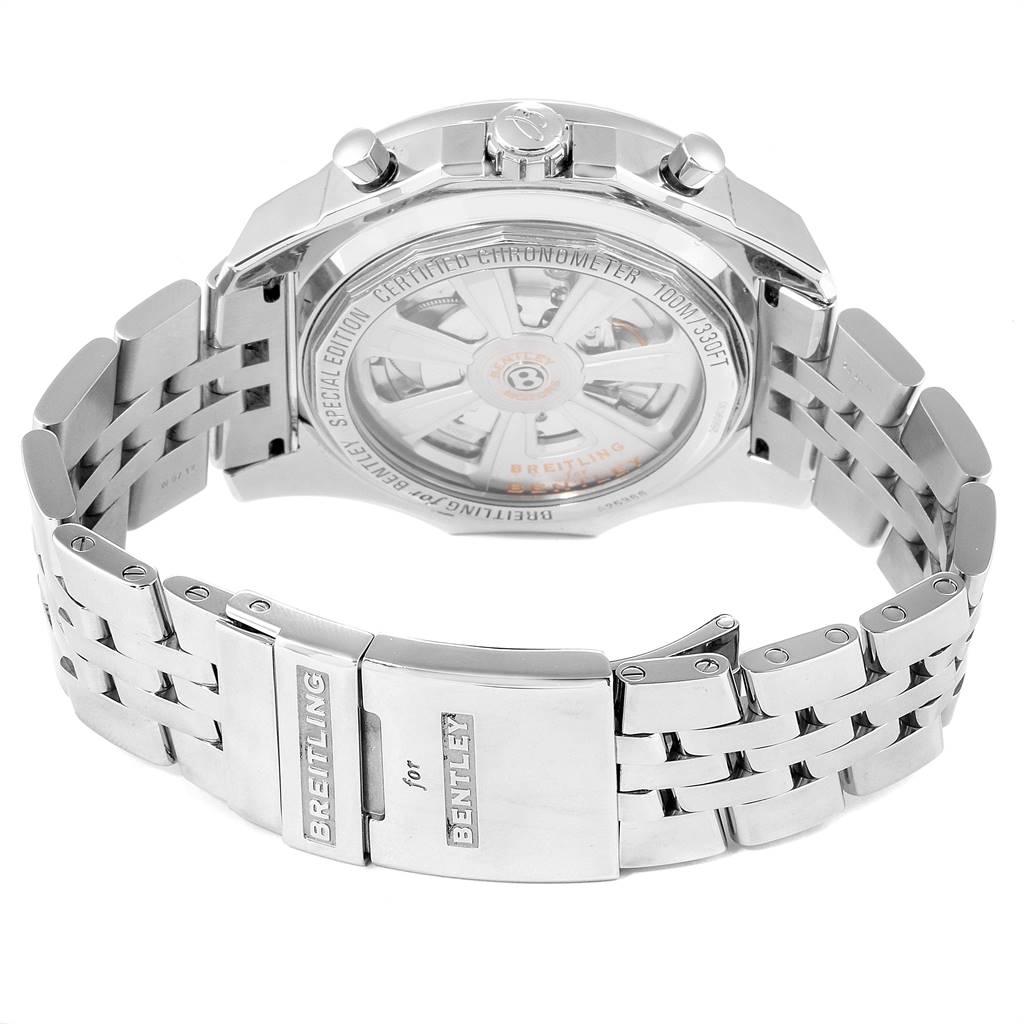 The image shows the back view of a Breitling Bentley A25366 Men
s Stainless Steel Black Dial A25366 Men
s Stainless Steel Black Dial watch, highlighting the bracelet and clasp.