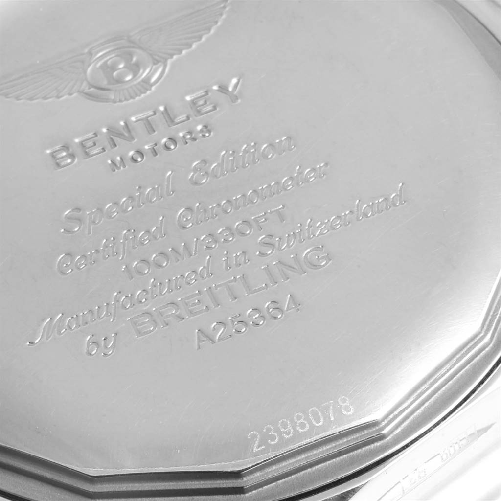 This image shows the engraved case back of a Bentley model by Breitling, photographed from a direct overhead angle.