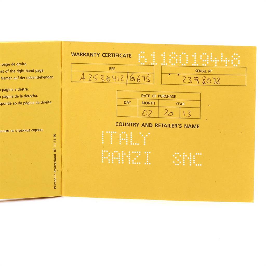 The image shows an opened warranty certificate for a Breitling Bentley A25362 Men's Stainless Steel Silver Dial A25362 Men's Stainless Steel Silver Dial model watch with purchase details.