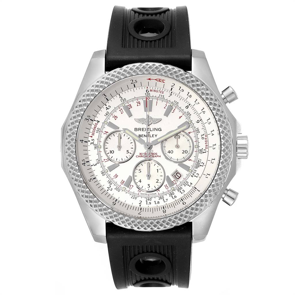 This image shows a front view of the Breitling Bentley A25362 Men's Stainless Steel Silver Dial A25362 Men's Stainless Steel Silver Dial watch, highlighting its dial, bezel, and rubber strap.