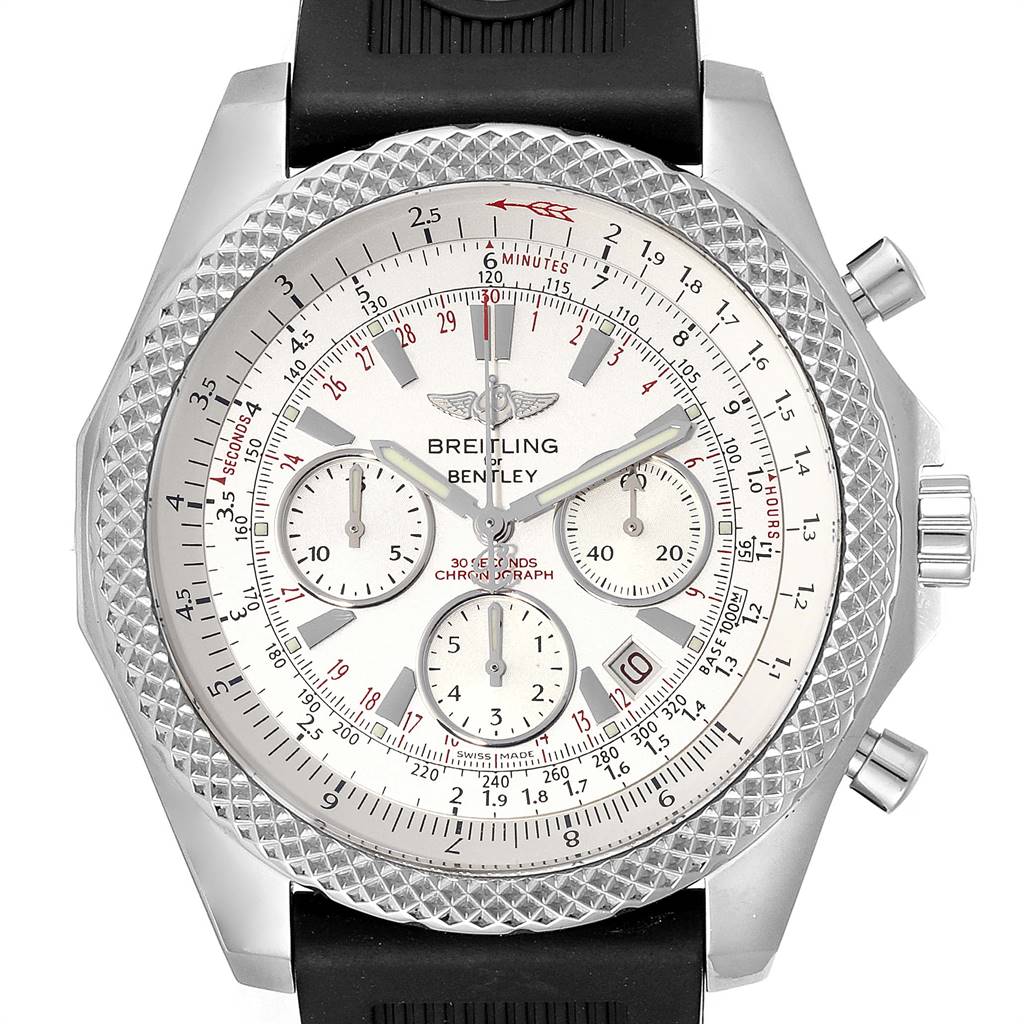 The Bentley model by Breitling is shown from a top-down angle, displaying its face, bezel, and chronograph dials.