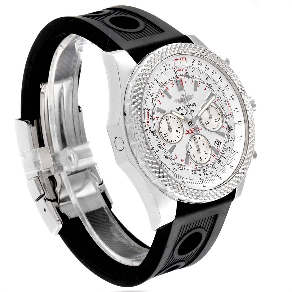 The image shows a Bentley model by Breitling from an angled side view, highlighting the face, bezel, and black rubber strap.
