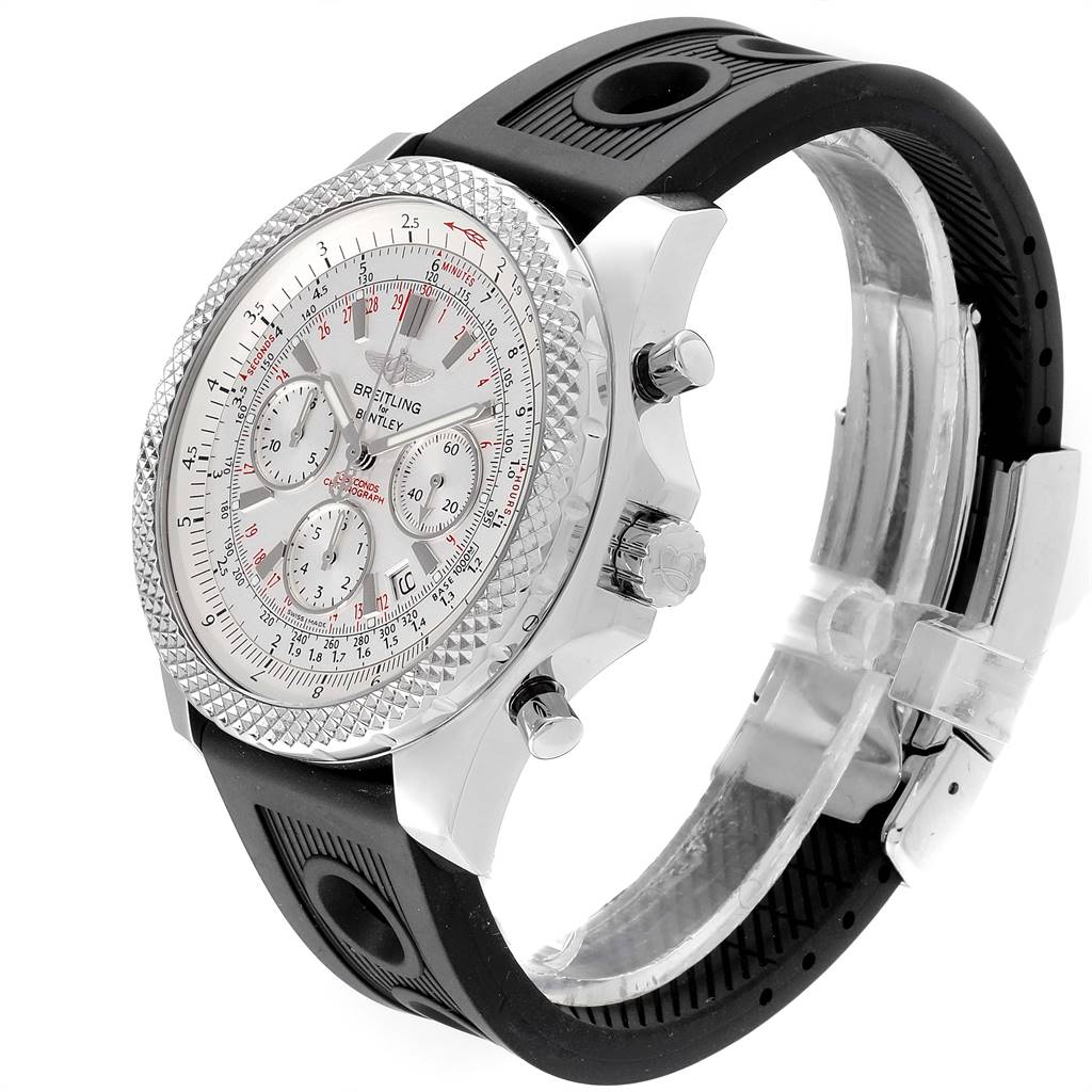 The Breitling Bentley A25362 Men's Stainless Steel Silver Dial A25362 Men's Stainless Steel Silver Dial watch is shown at an angle highlighting the face, bezel, crown, pushers, and rubber strap.
