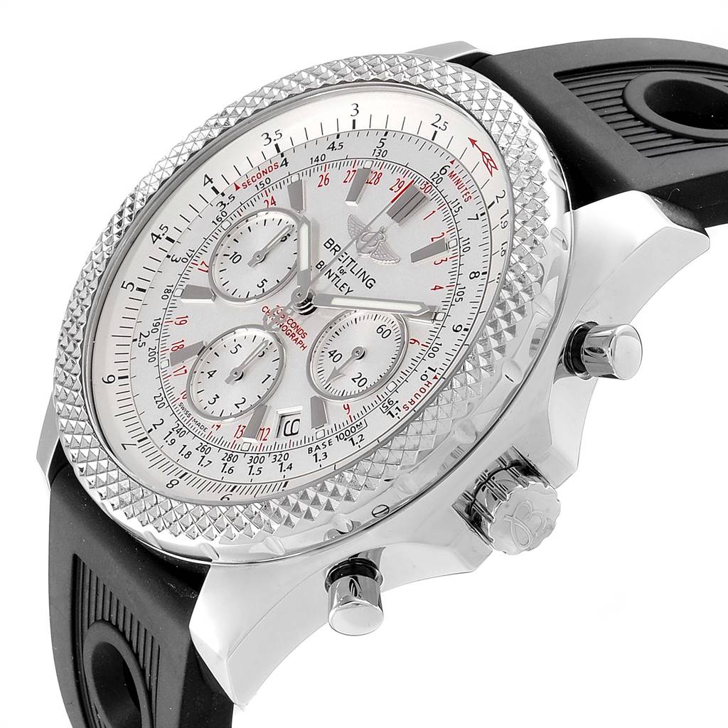 The Breitling Bentley A25362 Men's Stainless Steel Silver Dial A25362 Men's Stainless Steel Silver Dial model watch is shown at an oblique angle, highlighting its face, bezel, push buttons, and part of the rubber strap.