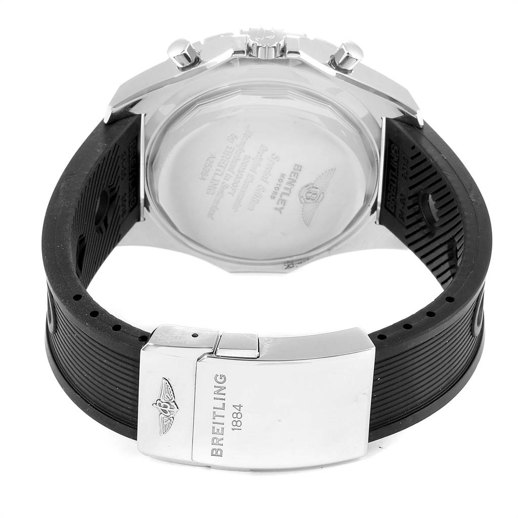 The image shows the back of the Breitling Bentley A25362 Men's Stainless Steel Silver Dial A25362 Men's Stainless Steel Silver Dial watch, highlighting its clasp and case back.