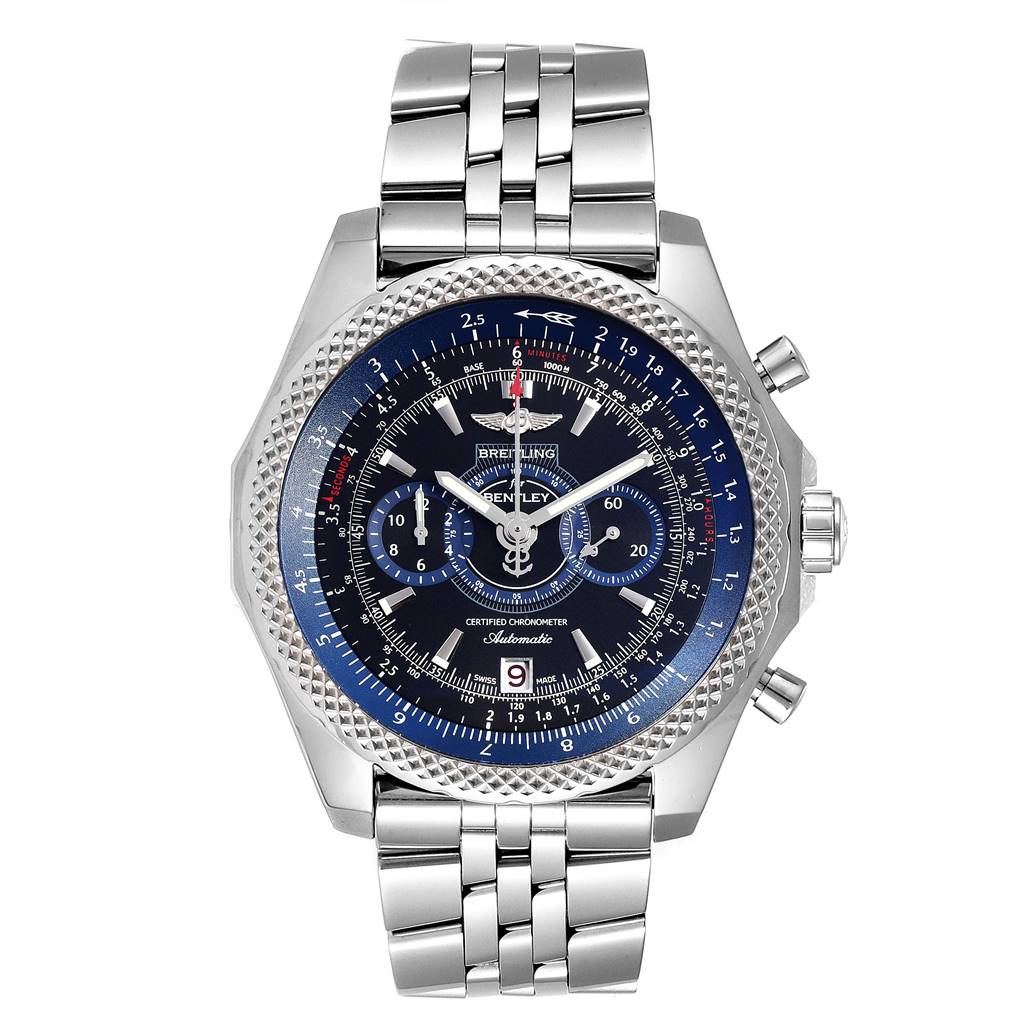 The image shows a front view of a Breitling Bentley A26364 Men
s Stainless Steel Black Dial A26364 Men
s Stainless Steel Black Dial watch, featuring a blue dial and stainless steel bracelet.