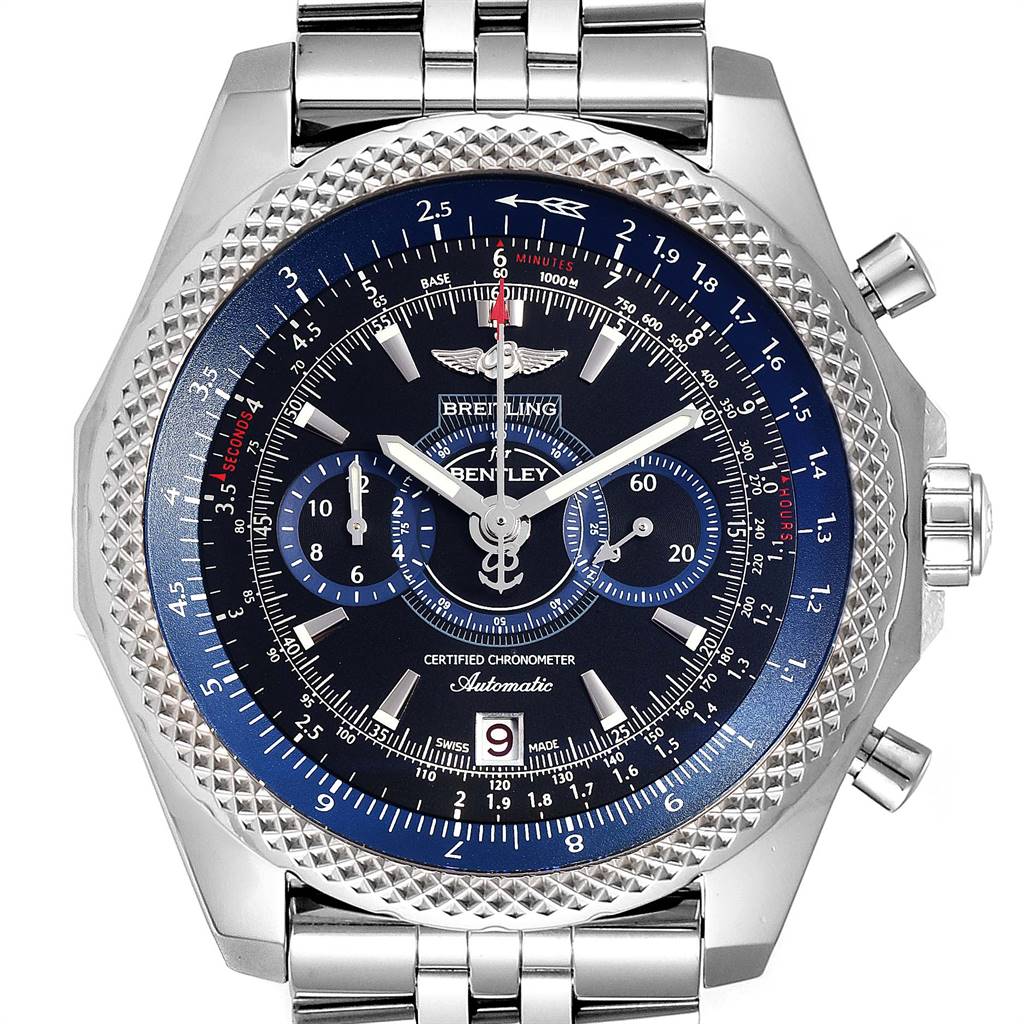 The Breitling Bentley A26364 Men
s Stainless Steel Black Dial A26364 Men
s Stainless Steel Black Dial watch is shown from a front angle, displaying its face, bezel, and part of the metal band.