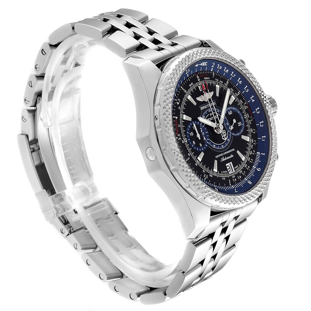 The Breitling Bentley A26364 Men
s Stainless Steel Black Dial A26364 Men
s Stainless Steel Black Dial watch is shown at a three-quarter angle, highlighting the face, bezel, and metal bracelet.