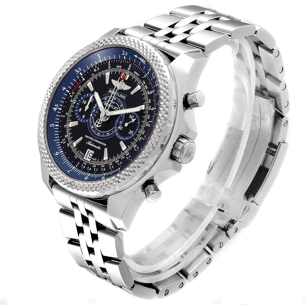 The image shows a side angle of a Bentley model by Breitling, displaying its face, bezel, crown, pushers, and stainless steel bracelet.