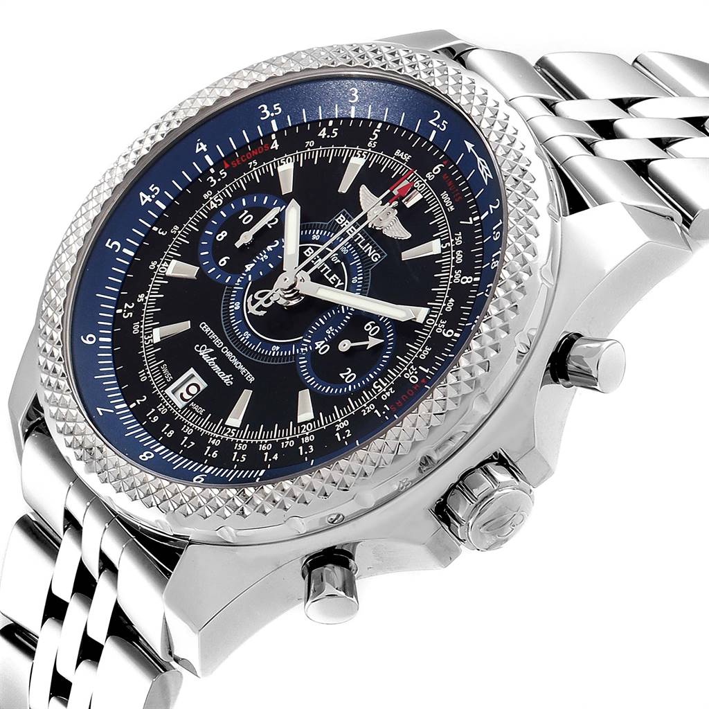 The image shows a side view of the Breitling Bentley A26364 Men
s Stainless Steel Black Dial A26364 Men
s Stainless Steel Black Dial watch, highlighting the bezel, dial, crown, pushers, and metal bracelet.